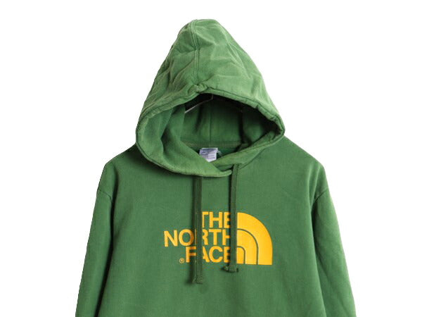 ノースフェイス プリント スウェット フード パーカー メンズ L 古着 The North Face プルオーバー トレーナー アウトドア 裏起毛 グリーン