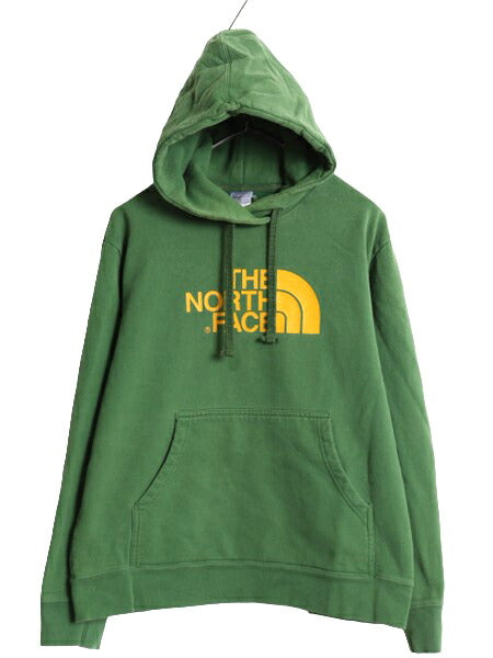 ノースフェイス プリント スウェット フード パーカー メンズ L 古着 The North Face プルオーバー トレーナー アウトドア 裏起毛 グリーン
