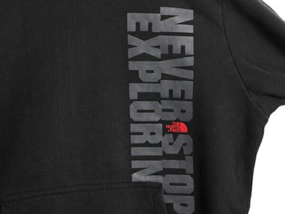 ノースフェイス プリント スウェット フード パーカー メンズ L 古着 The North Face トレーナー プルオーバー 裏起毛 アウトドア ブラック
