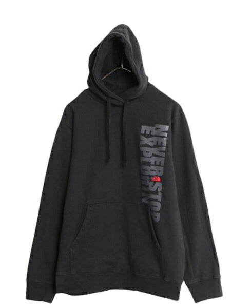 ノースフェイス プリント スウェット フード パーカー メンズ L 古着 The North Face トレーナー プルオーバー 裏起毛 アウトドア ブラック