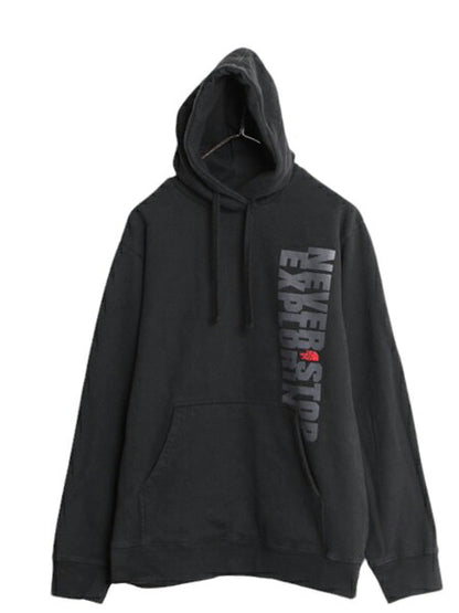 ノースフェイス プリント スウェット フード パーカー メンズ L 古着 The North Face トレーナー プルオーバー 裏起毛 アウトドア ブラック