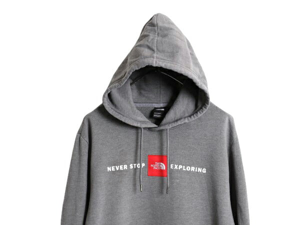 US企画 ノースフェイス プリント スウェット フード パーカー メンズ XL 古着 The North Face ボックスロゴ ワッペン 刺繍 トレーナー 灰