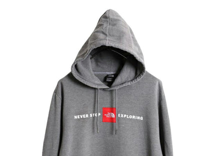 US企画 ノースフェイス プリント スウェット フード パーカー メンズ XL 古着 The North Face ボックスロゴ ワッペン 刺繍 トレーナー 灰