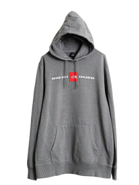 US企画 ノースフェイス プリント スウェット フード パーカー メンズ XL 古着 The North Face ボックスロゴ ワッペン 刺繍 トレーナー 灰