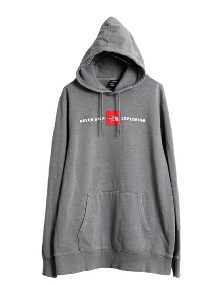 US企画 ノースフェイス プリント スウェット フード パーカー メンズ XL 古着 The North Face ボックスロゴ ワッペン 刺繍 トレーナー 灰