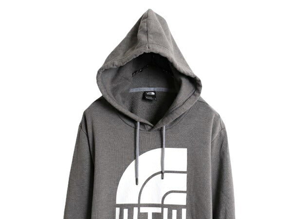 ノースフェイス プリント スウェット フード パーカー メンズ М 古着 The North Face プルオーバー 裏起毛 トレーナー アウトドア グレー