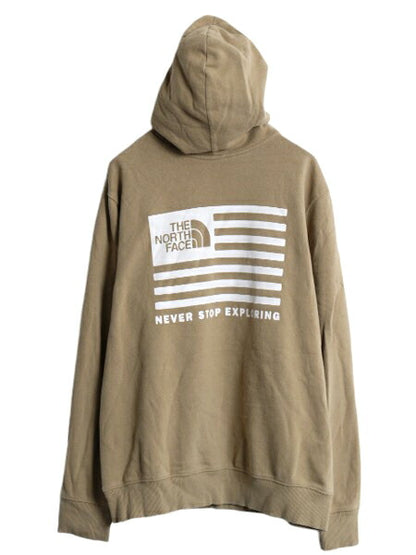 ノースフェイス 両面 プリント スウェット フード パーカー メンズ L The North Face プルオーバー 裏起毛 トレーナー アウトドア ベージュ