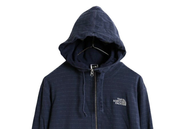 ノースフェイス ボーダー フルジップ スウェット フード パーカー メンズ М / 古着 The North Face 裏 フリース トレーナー ハイネック 紺