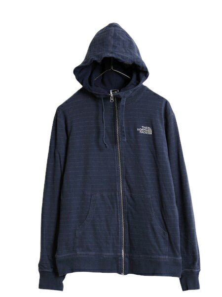 ノースフェイス ボーダー フルジップ スウェット フード パーカー メンズ М / 古着 The North Face 裏 フリース トレーナー ハイネック 紺