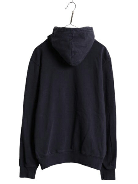 ノースフェイス プリント スウェット フード パーカー メンズ L 古着 The North Face プルオーバー 裏起毛 トレーナー アウトドア ネイビー