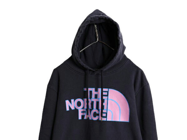 ノースフェイス プリント スウェット フード パーカー メンズ L 古着 The North Face プルオーバー 裏起毛 トレーナー アウトドア ネイビー