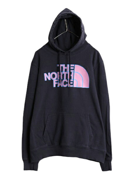 ノースフェイス プリント スウェット フード パーカー メンズ L 古着 The North Face プルオーバー 裏起毛 トレーナー アウトドア ネイビー
