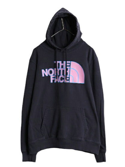 ノースフェイス プリント スウェット フード パーカー メンズ L 古着 The North Face プルオーバー 裏起毛 トレーナー アウトドア ネイビー