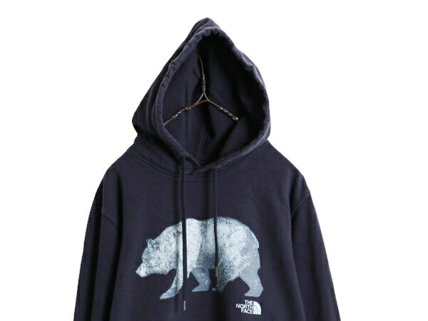 US企画 ノースフェイス プリント スウェット フード パーカー メンズ S The North Face プルオーバー 裏起毛 トレーナー ベア イラスト 紺