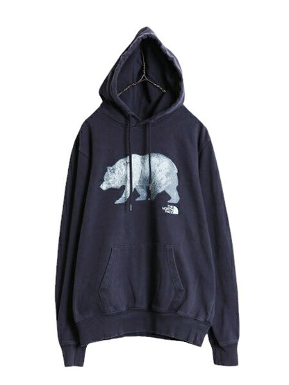 US企画 ノースフェイス プリント スウェット フード パーカー メンズ S The North Face プルオーバー 裏起毛 トレーナー ベア イラスト 紺