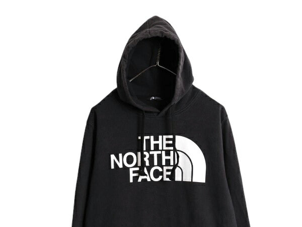 ノースフェイス プリント スウェット フード パーカー メンズ L 古着 The North Face プルオーバー 裏起毛 トレーナー アウトドア 薄手 黒