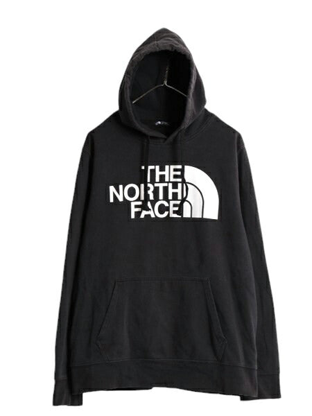ノースフェイス プリント スウェット フード パーカー メンズ L 古着 The North Face プルオーバー 裏起毛 トレーナー アウトドア 薄手 黒