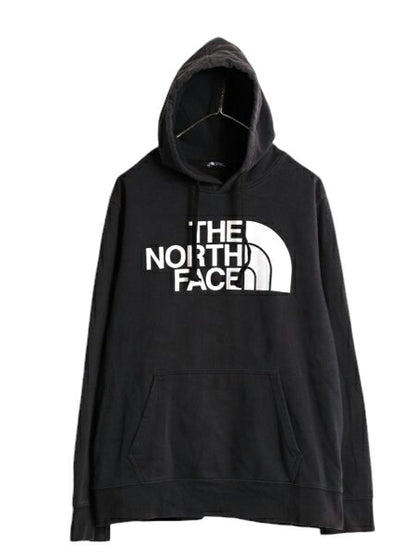 ノースフェイス プリント スウェット フード パーカー メンズ L 古着 The North Face プルオーバー 裏起毛 トレーナー アウトドア 薄手 黒