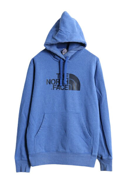ノースフェイス プリント スウェット フード パーカー メンズ М 古着 The North Face トレーナー プルオーバー 裏起毛 アウトドア ブルー
