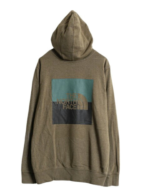 ノースフェイス 両面 プリント スウェット フード パーカー メンズ L 古着 The North Face プルオーバー 裏起毛 トレーナー アウトドア 緑