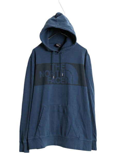 US企画 ノースフェイス プリント スウェット フード パーカー メンズ XL 古着 The North Face アウトドア スエット プルオーバー ネイビー