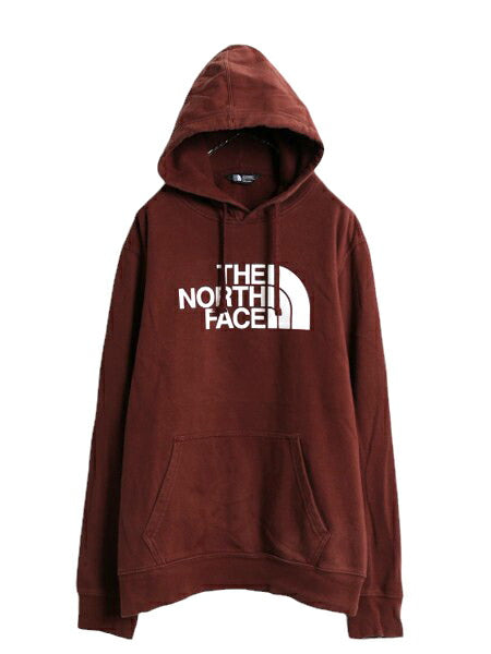 ノースフェイス プリント スウェット フード パーカー メンズ L 古着 The North Face プルオーバー 裏起毛 トレーナー アウトドア 薄手 茶
