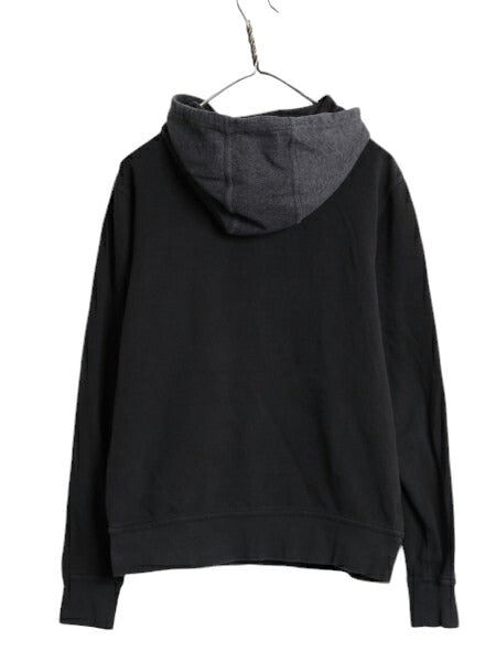 ノースフェイス プリント スウェット フード パーカー メンズ М 程 古着 The North Face トレーナー プルオーバー 裏起毛 ツートン 黒 灰