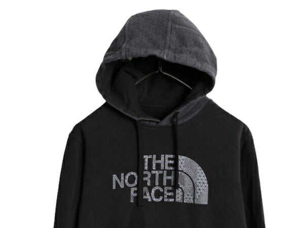 ノースフェイス プリント スウェット フード パーカー メンズ М 程 古着 The North Face トレーナー プルオーバー 裏起毛 ツートン 黒 灰