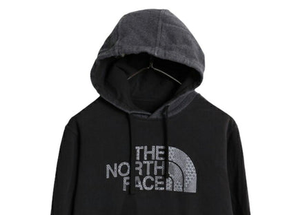 ノースフェイス プリント スウェット フード パーカー メンズ М 程 古着 The North Face トレーナー プルオーバー 裏起毛 ツートン 黒 灰