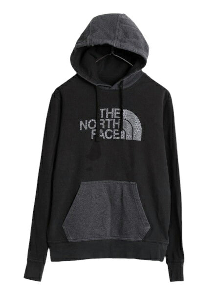 ノースフェイス プリント スウェット フード パーカー メンズ М 程 古着 The North Face トレーナー プルオーバー 裏起毛 ツートン 黒 灰
