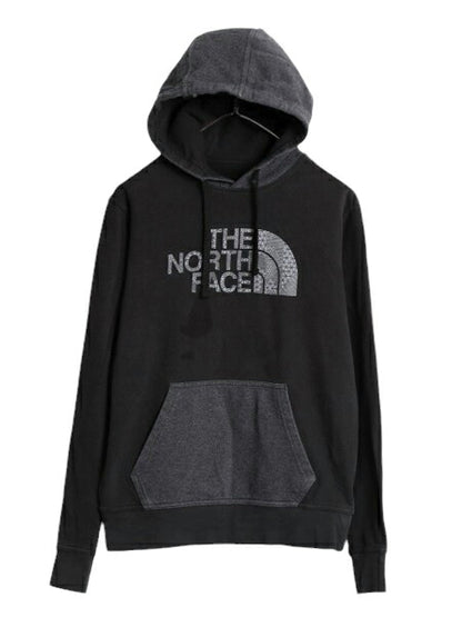 ノースフェイス プリント スウェット フード パーカー メンズ М 程 古着 The North Face トレーナー プルオーバー 裏起毛 ツートン 黒 灰