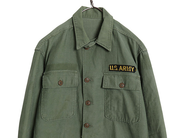 60s 米軍実物 US ARMY コットン サテン ユーティリティ シャツ M 程 古着 ヴィンテージ 1st 初期 筒袖 ミリタリー 軍物 OG107 ワッペン付き