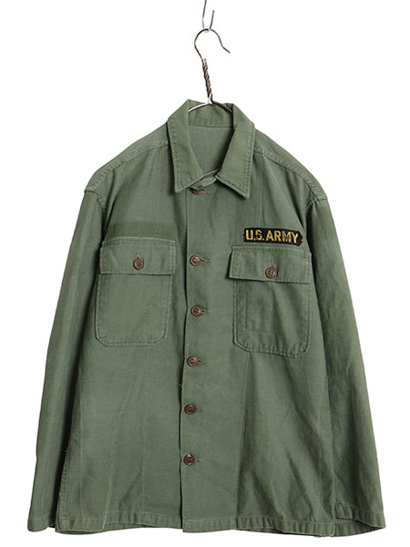 60s 米軍実物 US ARMY コットン サテン ユーティリティ シャツ M 程 古着 ヴィンテージ 1st 初期 筒袖 ミリタリー 軍物 OG107 ワッペン付き