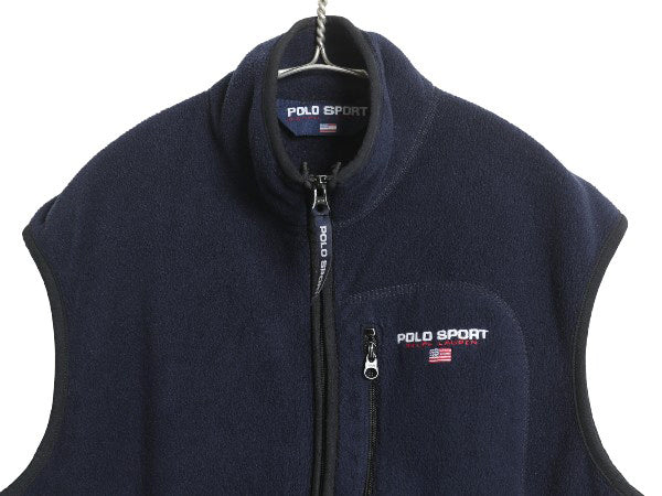 90s USA製 ポロスポーツ ラルフローレン フルジップ フリース ベスト メンズ M オールド ポロ 重ね着 前開き ワンポイント 星条旗 ネイビー