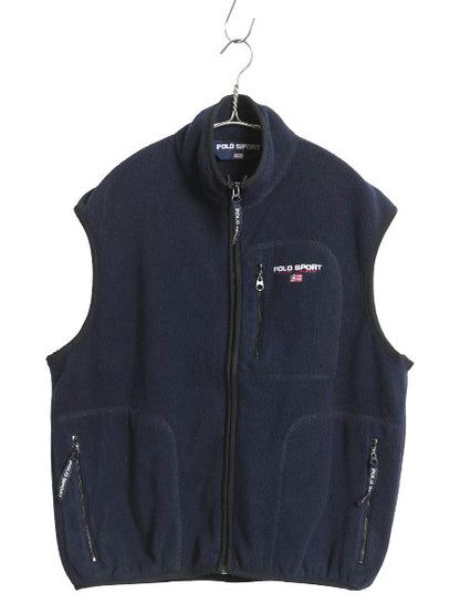 90s USA製 ポロスポーツ ラルフローレン フルジップ フリース ベスト メンズ M オールド ポロ 重ね着 前開き ワンポイント 星条旗 ネイビー