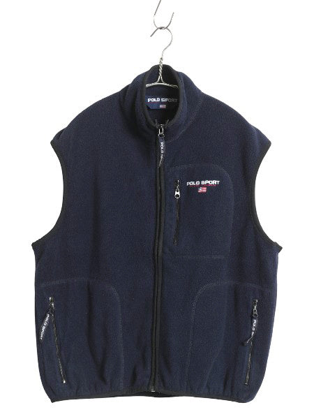 90s USA製 ポロスポーツ ラルフローレン フルジップ フリース ベスト メンズ M オールド ポロ 重ね着 前開き ワンポイント 星条旗 ネイビー