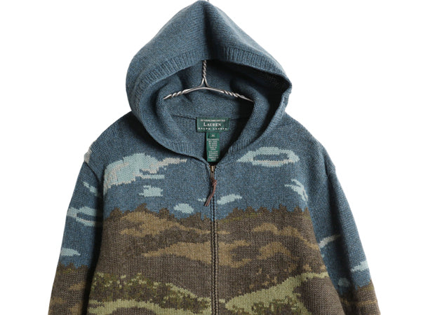 00s ローレン ラルフローレン フルジップ ニット パーカー レディース M オールド ポロ ウール セーター ドッグ 絵柄 ハンドメイド 手編み 