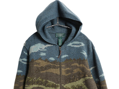 00s ローレン ラルフローレン フルジップ ニット パーカー レディース M オールド ポロ ウール セーター ドッグ 絵柄 ハンドメイド 手編み 