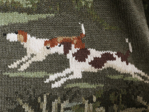 00s ローレン ラルフローレン フルジップ ニット パーカー レディース M オールド ポロ ウール セーター ドッグ 絵柄 ハンドメイド 手編み 