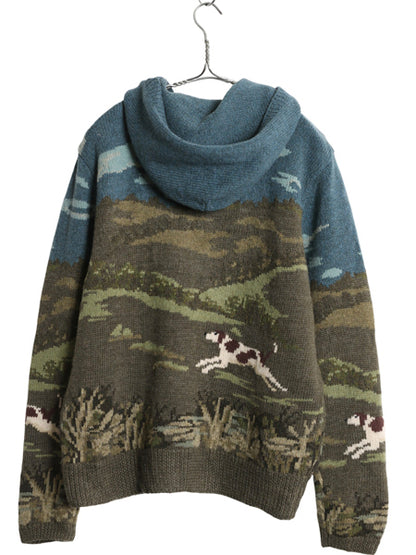 00s ローレン ラルフローレン フルジップ ニット パーカー レディース M オールド ポロ ウール セーター ドッグ 絵柄 ハンドメイド 手編み 