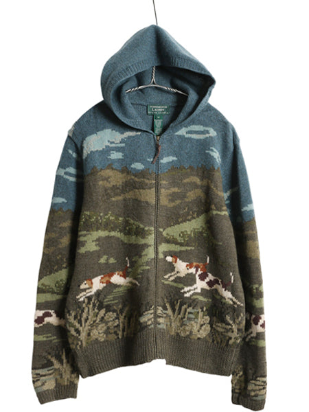 00s ローレン ラルフローレン フルジップ ニット パーカー レディース M オールド ポロ ウール セーター ドッグ 絵柄 ハンドメイド 手編み 