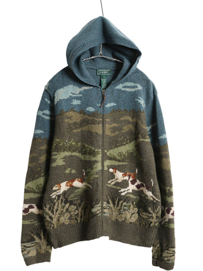 00s ローレン ラルフローレン フルジップ ニット パーカー レディース M オールド ポロ ウール セーター ドッグ 絵柄 ハンドメイド 手編み 