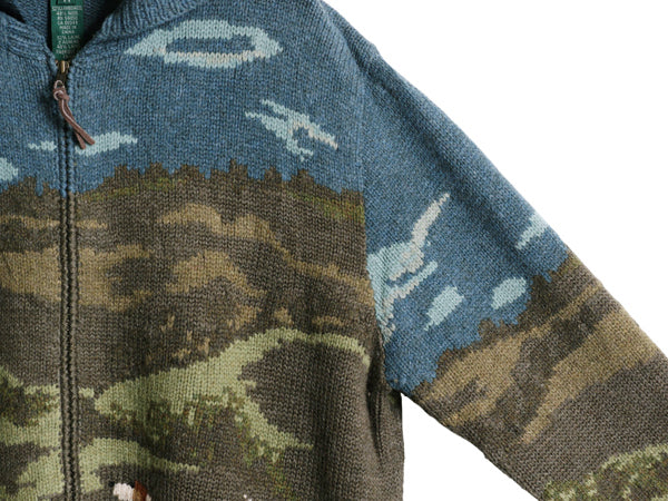 00s ローレン ラルフローレン フルジップ ニット パーカー レディース M オールド ポロ ウール セーター ドッグ 絵柄 ハンドメイド 手編み 