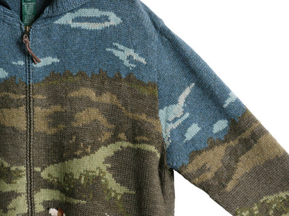 00s ローレン ラルフローレン フルジップ ニット パーカー レディース M オールド ポロ ウール セーター ドッグ 絵柄 ハンドメイド 手編み 