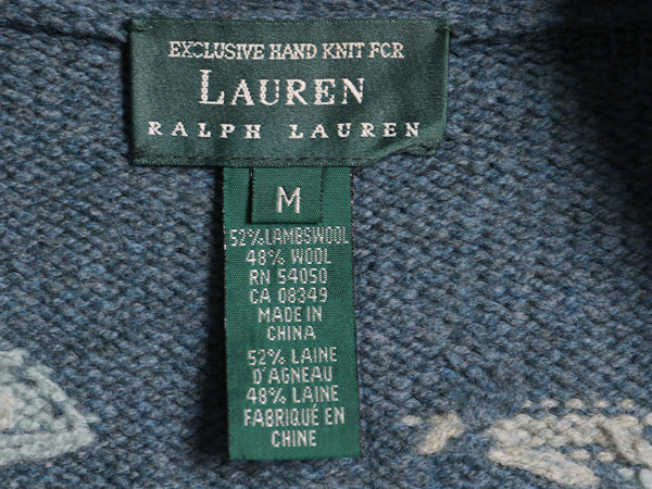 00s ローレン ラルフローレン フルジップ ニット パーカー レディース M オールド ポロ ウール セーター ドッグ 絵柄 ハンドメイド 手編み 