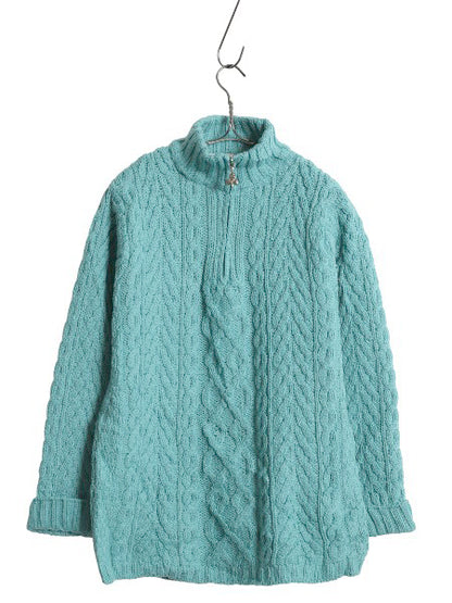 アイルランド製 aran crafts フィッシャーマン ニット セーター レディース XS / メリノ ウール アラン ケーブル  ハーフジップ ハイネック