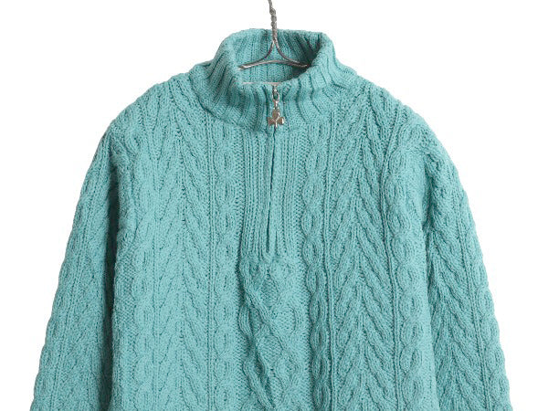アイルランド製 aran crafts フィッシャーマン ニット セーター レディース XS / メリノ ウール アラン ケーブル  ハーフジップ ハイネック