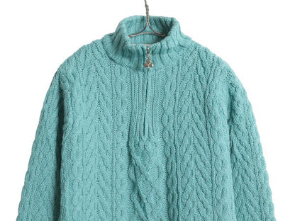アイルランド製 aran crafts フィッシャーマン ニット セーター レディース XS / メリノ ウール アラン ケーブル  ハーフジップ ハイネック