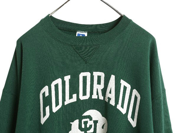 90s USA製 ラッセル 2段 カレッジ プリント スウェット メンズ レディース XL / オールド トレーナー 裏起毛 クルーネック 大きいサイズ 緑