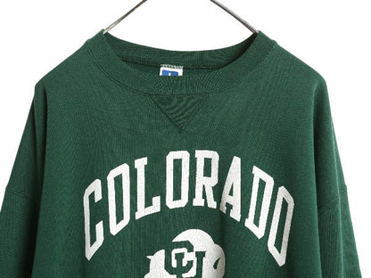 90s USA製 ラッセル 2段 カレッジ プリント スウェット メンズ レディース XL / オールド トレーナー 裏起毛 クルーネック 大きいサイズ 緑